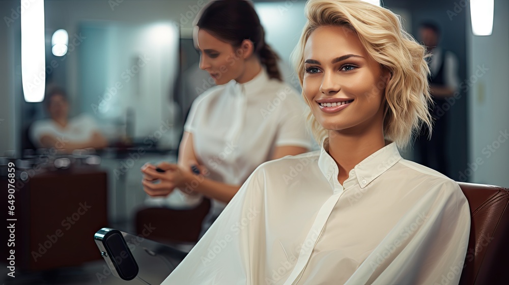 Obraz premium Beauty salon, female hairdresser doing hairstyle for young woman, brunette model in hair salon