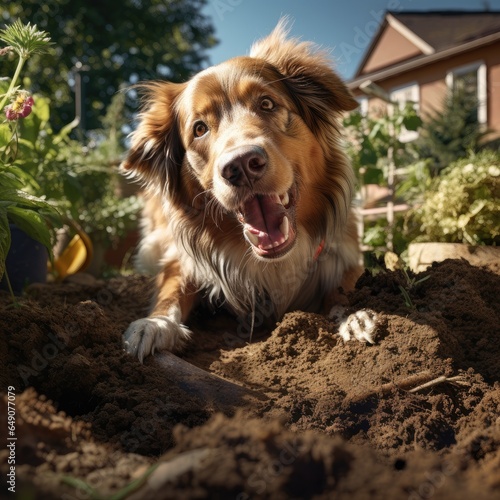 A dog digging a hole in a garden backyard of a suburban house, Generative AI