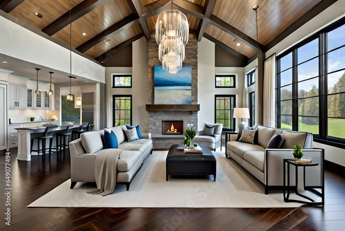 Gray interior vaulted ceiling high family room in luxury home with fireplace and large windows