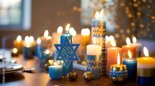 Fotografia Hanukkah festive celebration concept, glow of the menorah with shining candles a