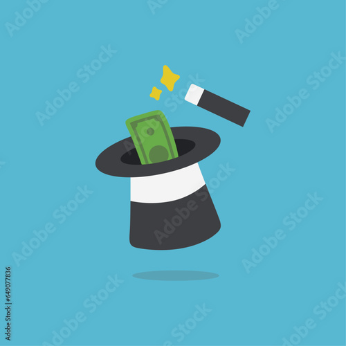 Money appears from magician’s hat logo vector icon illustration