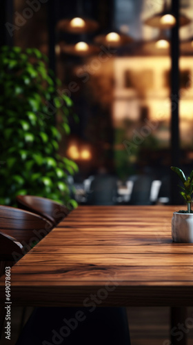 Empty dark wood table in the cafe with a blurred background