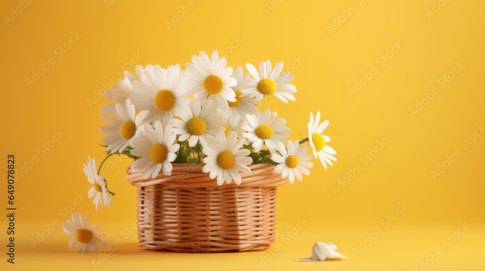 Daisies in a basket on yellow background