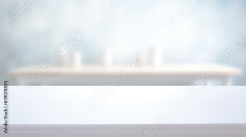 Empty white table blurred on soft light gently bokeh background