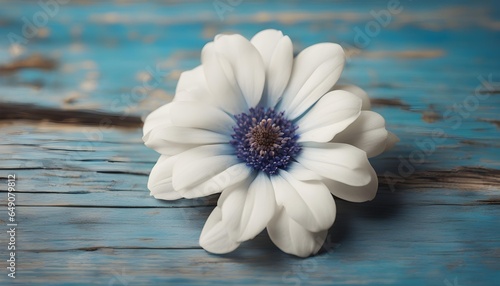 closeup of one white flower with blue lines on the blue wood background