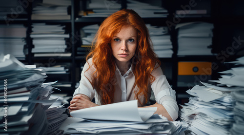 Busy businesswoman in front of piles of documents