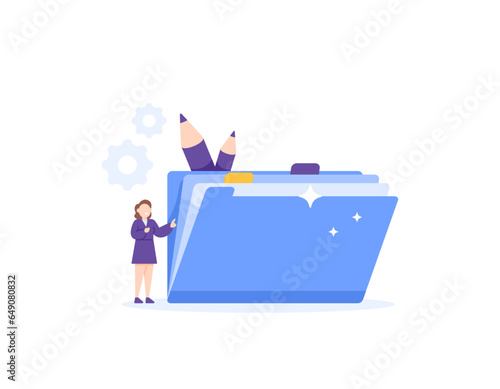 Office Administration staff concept. control document. an employee and some documents. Organize and manage corporate documents. do archiving. illustration design concept. vector elements