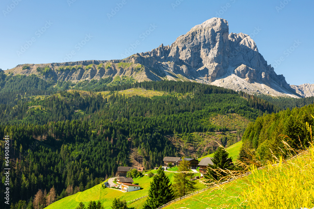 Panoramic view of Mount Peitlerkofel in Dolomites in South Tyrol, Italy