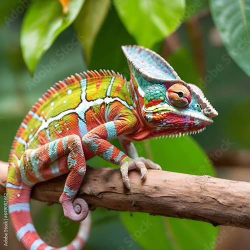 A close-up of a colorful chameleon blending into its natural habitat.