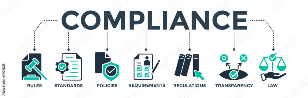 Compliance banner web icon vector illustration concept with icons of rules, standards, policies, requirements, regulations, transparency, and law Compliance banner web icon vector illustration concept with icons of rules, standards, policies, requirements, regulations, transparency, and law