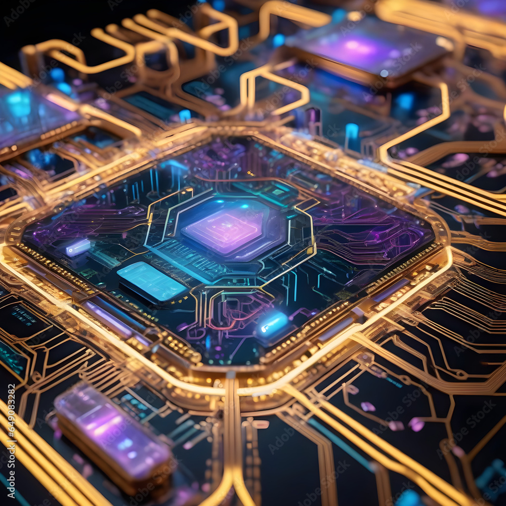 An intricate network of glowing circuitry and futuristic holographic interfaces An intricate network of glowing circuitry and futuristic holographic interfaces