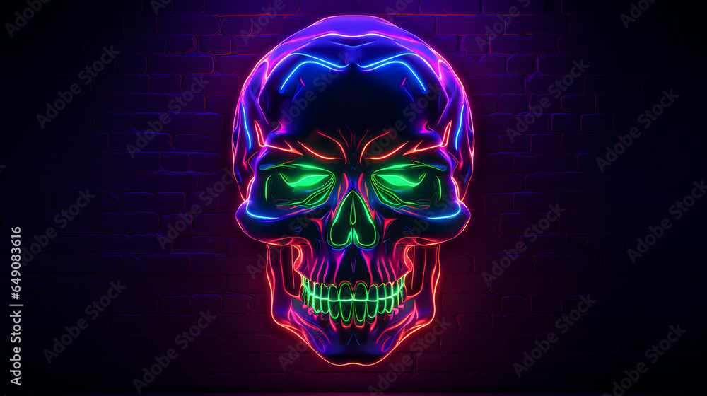 Halloween skulls with neon lights. Halloween skull-shaped posters with bright and intense colors. Modern Halloween skulls with bricks background. Halloween skulls with neon lights. Halloween skull-shaped posters with bright and intense colors. Modern Halloween skulls with bricks background.