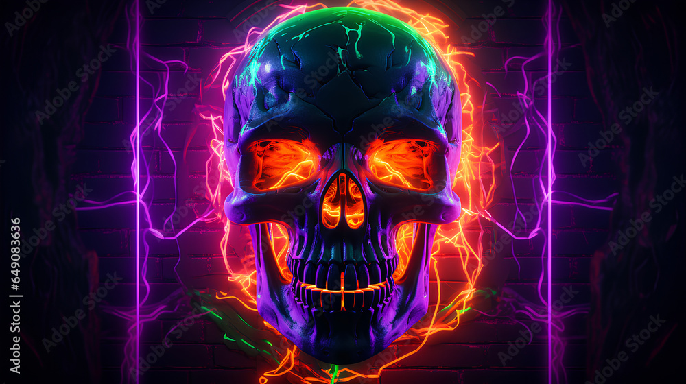 Halloween skulls with neon lights. Halloween skull-shaped posters with bright and intense colors. Modern Halloween skulls with bricks background.