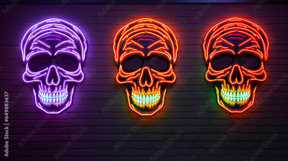 Halloween skulls with neon lights. Halloween skull-shaped posters with bright and intense colors. Modern Halloween skulls with bricks background. Halloween skulls with neon lights. Halloween skull-shaped posters with bright and intense colors. Modern Halloween skulls with bricks background.