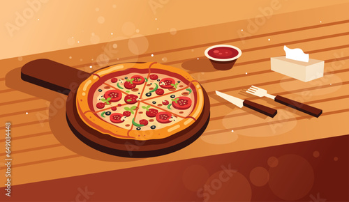 Delicious pizza on wooden table