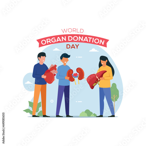 World Organ Donation Day banner healthcare illustration. People holding internal organ for donation concept illustration