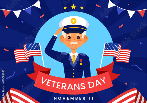 Happy Veterans Day Vector Illustration on 11 November with USA Flag and Soldiers for Honoring All Who Served in Flat Kids Cartoon Background