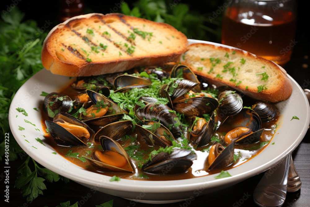Mussels with herbs in a bowl with lemon and French fries on a wooden board. Seafood. Mussels with herbs in a bowl with lemon and French fries on a wooden board. Seafood.