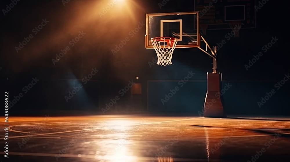 Basketball hoop and ball in the basketball court background. - obrazy, fototapety, plakaty 