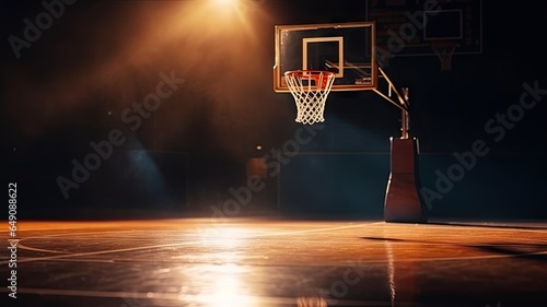 Basketball hoop and ball in the basketball court background. photo
