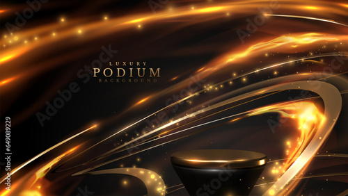 Gold podium with hot flame effects elements and glitter light decorations with bokeh in dark scene. Luxury black background. Vector illustration.