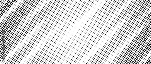 Halftone diagonal stripe texture. White and black oblique faded gradient. Grunge slanted line grit background. Abstract pop art comic wallpaper. Dotted noise backdrop. Vector illustration