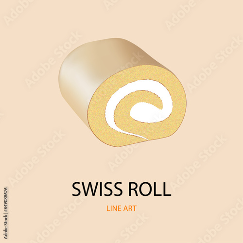 Swiss Roll Vanilla Cream Vector Colored Line Art Digital Food Illustration