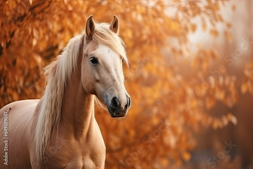 Portrait of a horse on background of autumn foliage