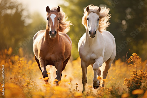 Two horses running in the field