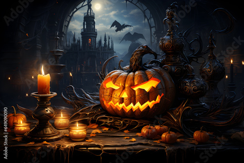 Happy Halloween Background (wallpaper, banner, backdrop). Spooky scenery in a haunted forest graveyard with pumpkin heads, bats, scary trees and typical Halloween elements. 