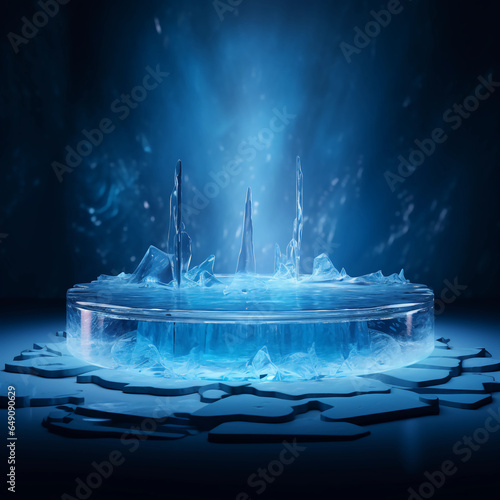 Wallpaper Mural Ice cubes on blue background with cold vapor, 3d glass display stand for products, Ice podium for advertising, Concept of cooling, beverage and technology, studio lighting, Generative AI. Torontodigital.ca