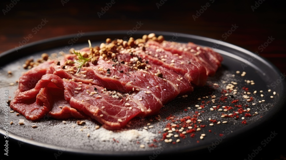 Japanese beef on display, close-up of dry-aged and grilled Wagyu beef steak on a rustic wooden cutting board.