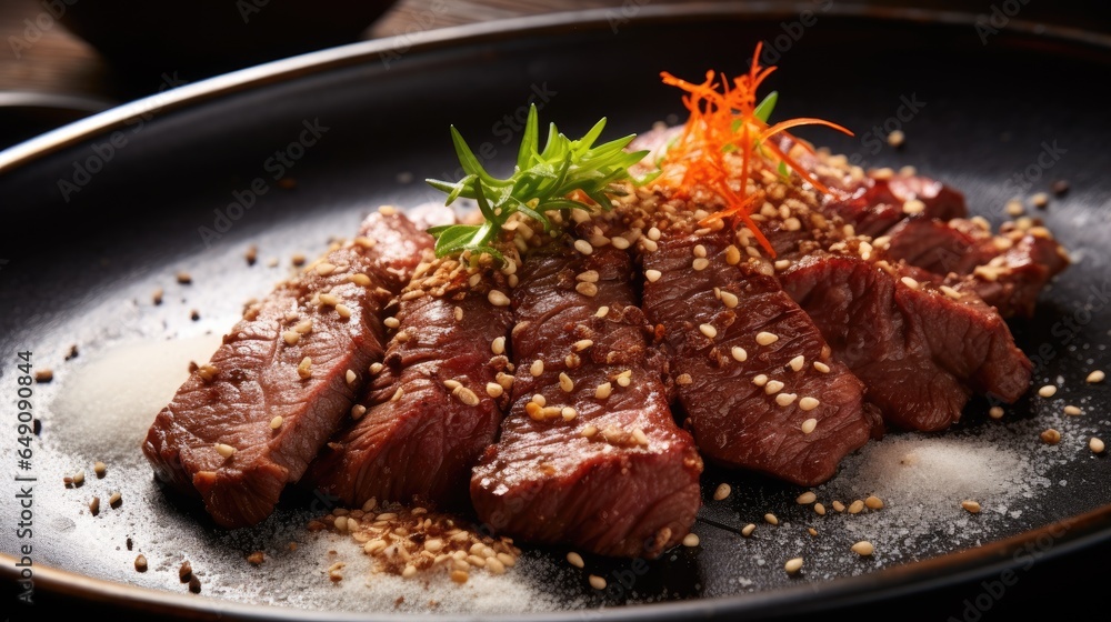 Japanese beef on display, close-up of dry-aged and grilled Wagyu beef steak on a rustic wooden cutting board. Japanese beef on display, close-up of dry-aged and grilled Wagyu beef steak on a rustic wooden cutting board.