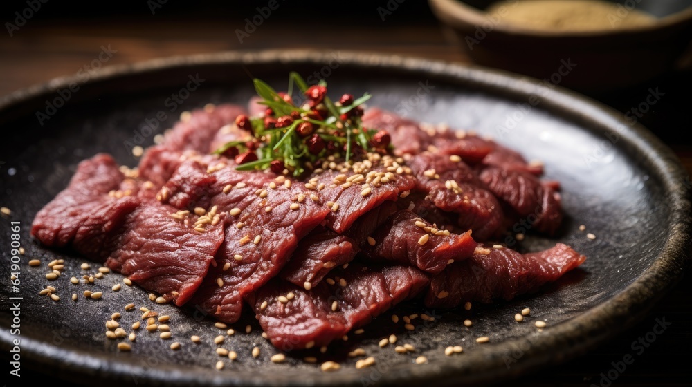 Japanese beef on display, close-up of dry-aged and grilled Wagyu beef steak on a rustic wooden cutting board. Japanese beef on display, close-up of dry-aged and grilled Wagyu beef steak on a rustic wooden cutting board.