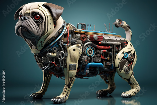 A pug dog made of electronic machinery on a clean background. Pet. Animals. illustration. Generative AI. © yod67