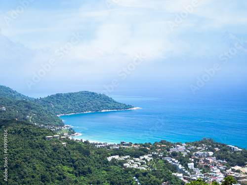 Sea Mountain Landscape Horizon Background, View Ocean Island Building Rock Tree Forest Blue Sky at Coast Thailand, Shore Sand Beach Water Summer Tropical Nature for Travel Vacation Tourism Seascape.