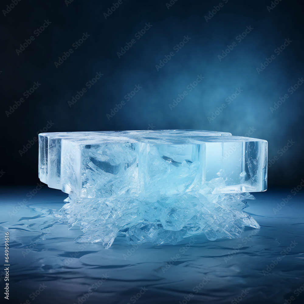 Ice cubes on blue background, 3d glass display stand for products, Ice podium for advertising, Concept of cooling, beverage and technology, studio lighting, Generative AI. Ice cubes on blue background, 3d glass display stand for products, Ice podium for advertising, Concept of cooling, beverage and technology, studio lighting, Generative AI.