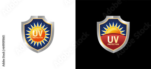 UV protection shield logo design, vector icon symbol of solar ultraviolet rays