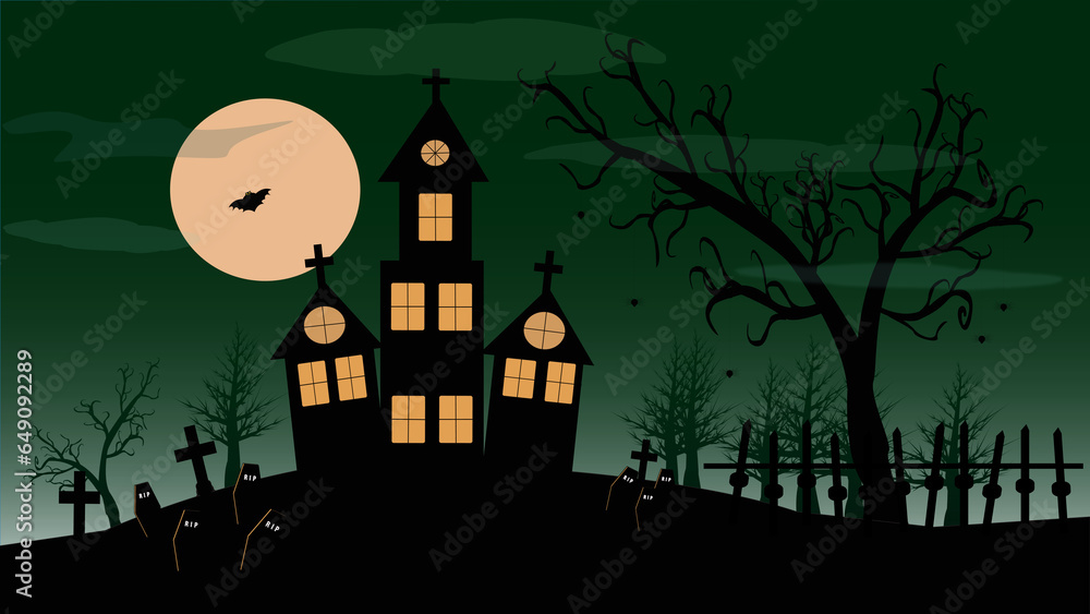 spooky halloween background with castle ghost pumpkins and bat