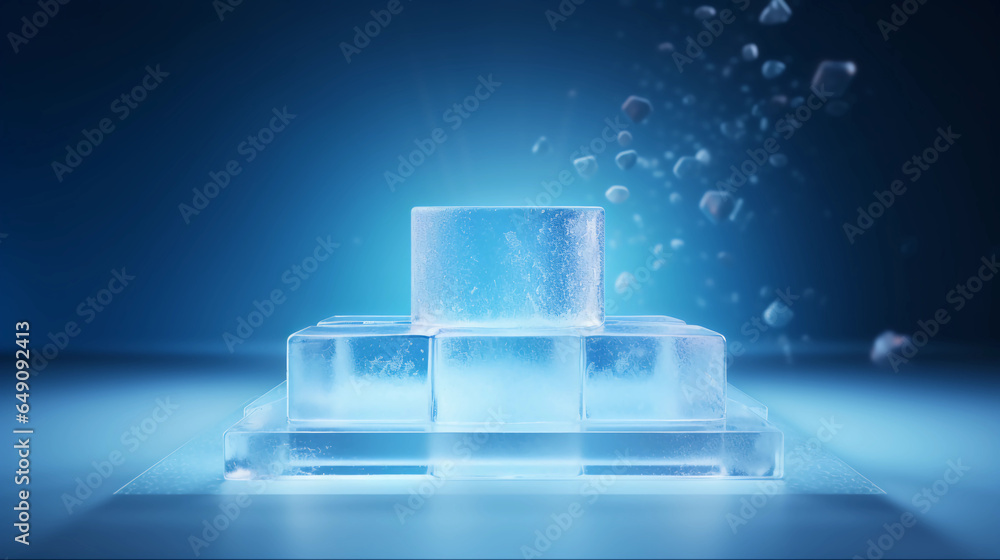Ice cubes on blue background, 3d glass display stand for products, Ice podium for advertising, Concept of cooling, beverage and technology, studio lighting, Generative AI. Ice cubes on blue background, 3d glass display stand for products, Ice podium for advertising, Concept of cooling, beverage and technology, studio lighting, Generative AI.