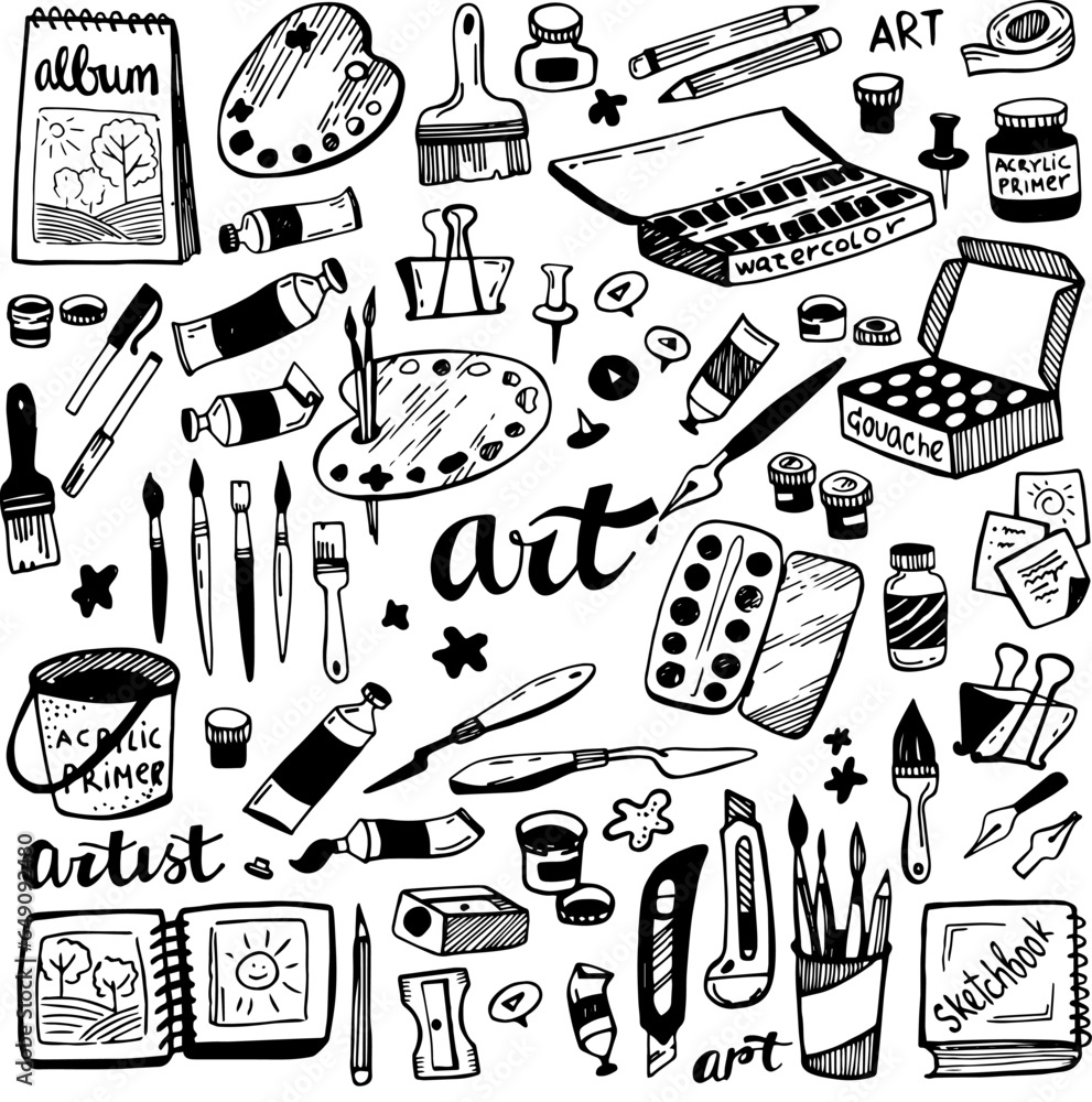 Line drawing set of of art and craft doodles. Vector doodle set of art supplies. Brushes for painting and tubes of paint, palettes, albums, sketchbooks, pencils etc. Line drawing set of of art and craft doodles. Vector doodle set of art supplies. Brushes for painting and tubes of paint, palettes, albums, sketchbooks, pencils etc.
