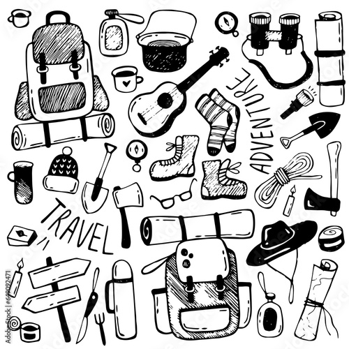 Simple illustrations of travel accessories. Travel doodle. Camping accessories, hiking backpack, bowler hat, dishes, binoculars, ukulele, boots, compass, rope, shovel, ax. Set of travel icons.