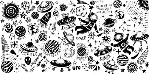 Big space doodles set, collection of hand drawn vector illustration. Astronomy set. Cosmic sketches. Planet, sun, moon and stars, solar system, spaceships and aliens, astronauts, asteroids.