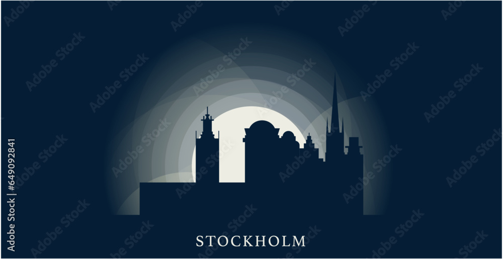 Sweden Stockholm cityscape skyline capital city panorama vector flat modern banner art. Nordic Europe Scandinavia region emblem idea with landmarks and building silhouettes at sunrise sunset night
