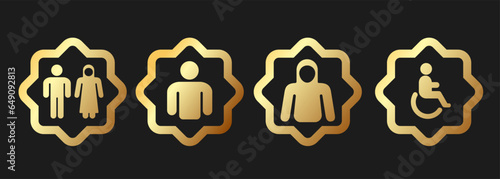 Restroom toilet closet sign symbol man woman Islam style gold pattern golden outline