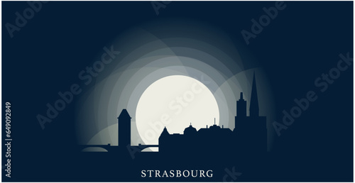 France Strasbourg city cityscape skyline capital panorama vector flat modern banner art. Alsace town emblem idea with landmarks and building silhouettes at sunrise sunset night