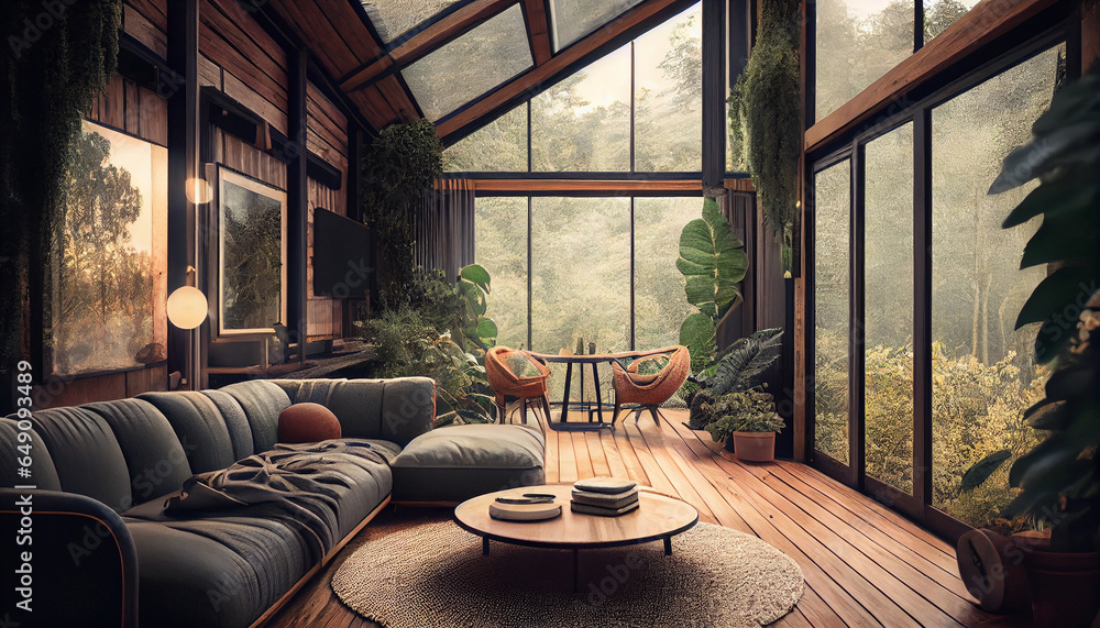 Eco-lodge house interior with green plants and relaxing natural beauty concept and refresh ness view and enjoying the forest- travel, Ai generated image 