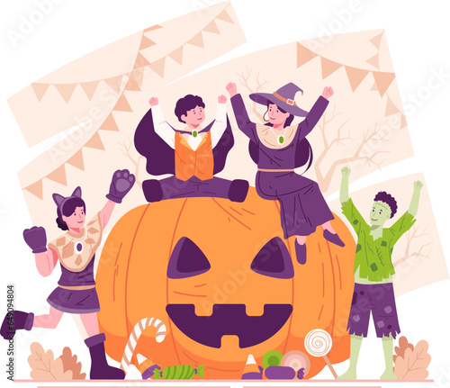 Halloween Party Celebration. Happy Children in Different Halloween Costumes Sitting on a Giant Pumpkin