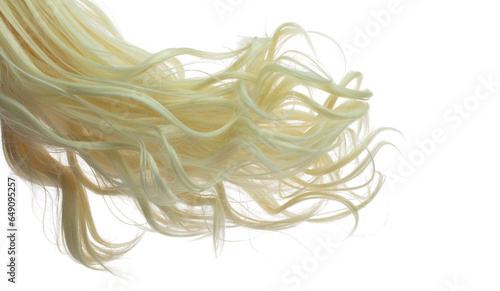 Long Curl Wig hair style fly fall explosion. Blonde wave woman wig hair float in mid air. Golden blonde wig hair wind blow cloud throw. White background isolated part