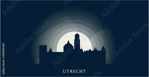 Netherlands Utrecht cityscape skyline city panorama vector flat modern banner art. Holland province emblem idea with landmarks and building silhouettes at sunrise sunset night
